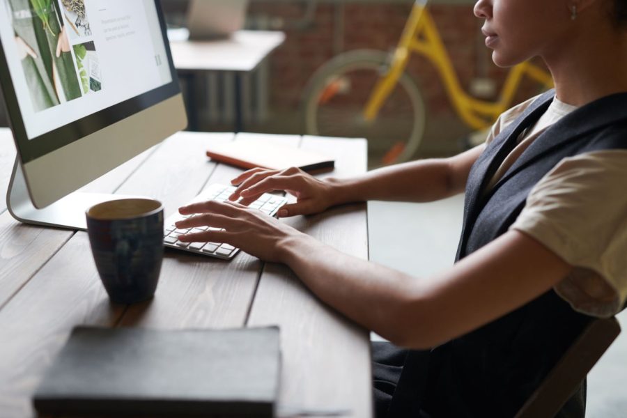 Business professional viewing digital information on a computer